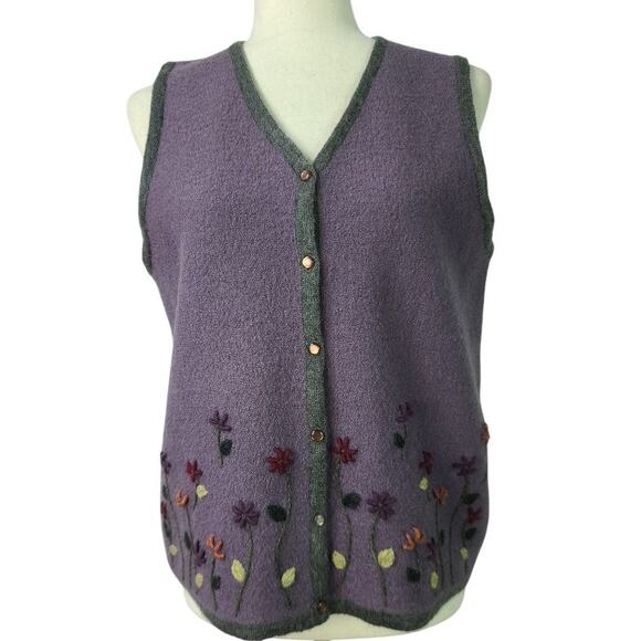 Sag Harbor Purple Wool Embroidered Flowers Button Up Vintage Vest Small - Picture 1 of 4